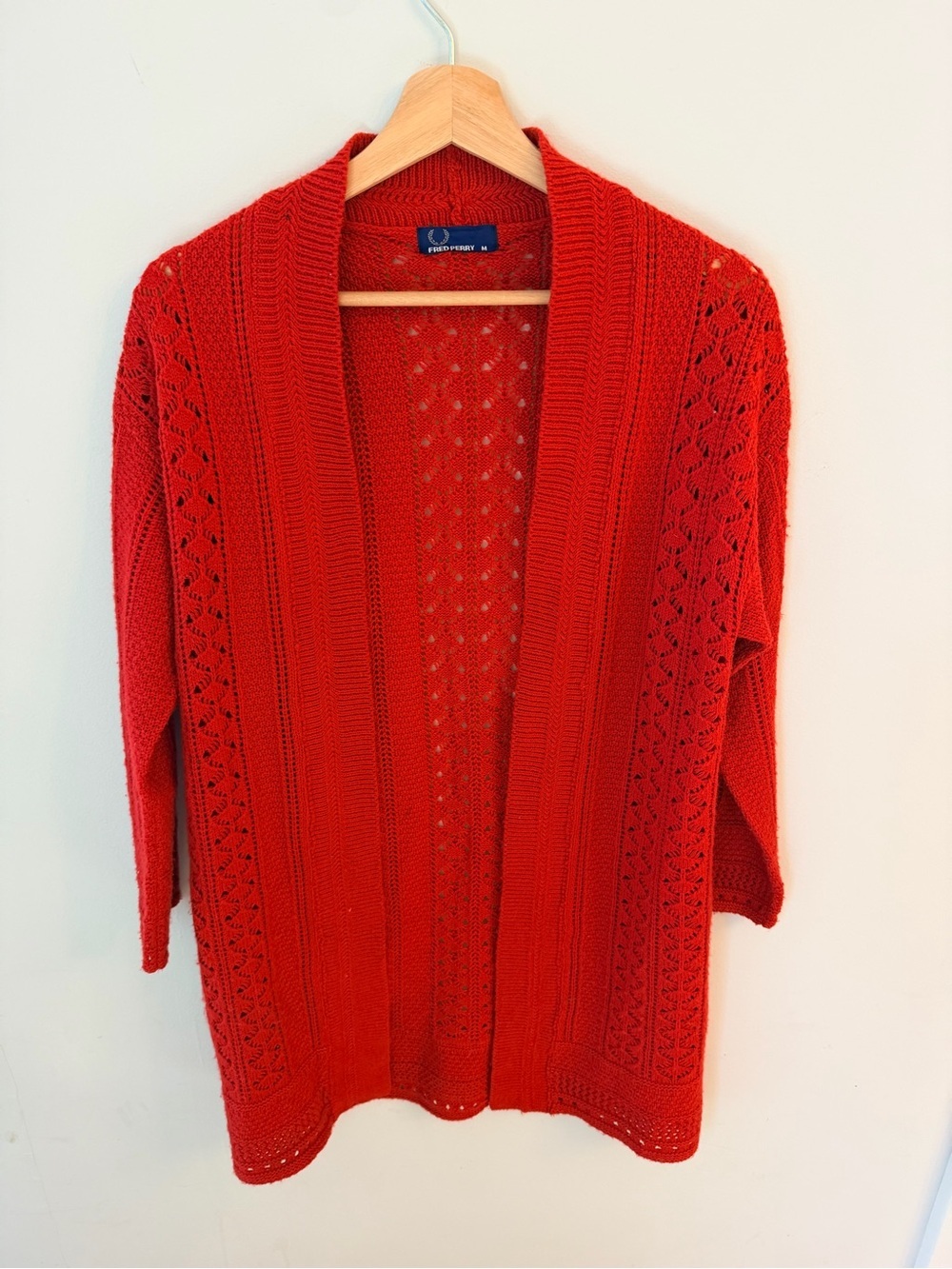 Fred Perry Women's Red Lace-Effect Open Knit Cardigan
